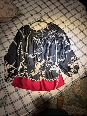 White House Black Market Black Chain-Print Blouse with Cream Accents